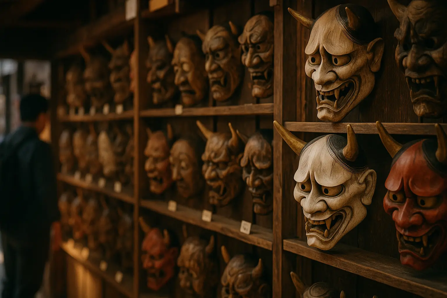 Máscaras tradicionales japonesas de demonios y espíritus, incluidas máscaras hannya con cuernos, expuestas en estantes de madera de una tienda en Japón