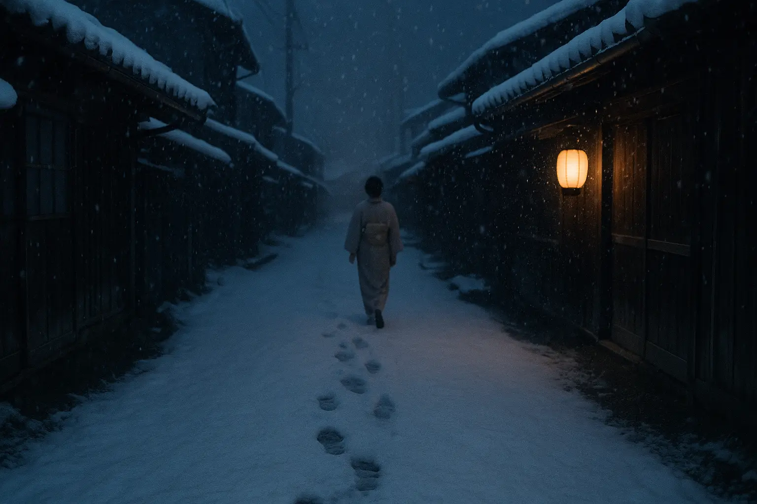 Calle rural japonesa de noche bajo una nevada intensa, con la silueta lejana de una mujer en kimono claro entre la nieve