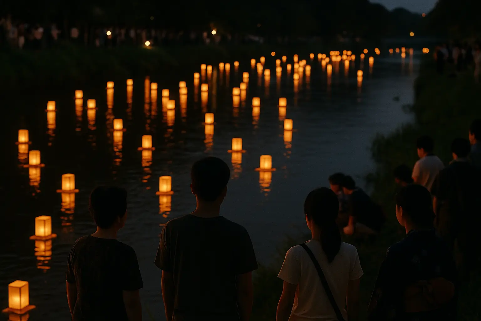 Farolillos de papel encendidos flotando sobre un río de noche durante el toro nagashi de O-bon en Japón