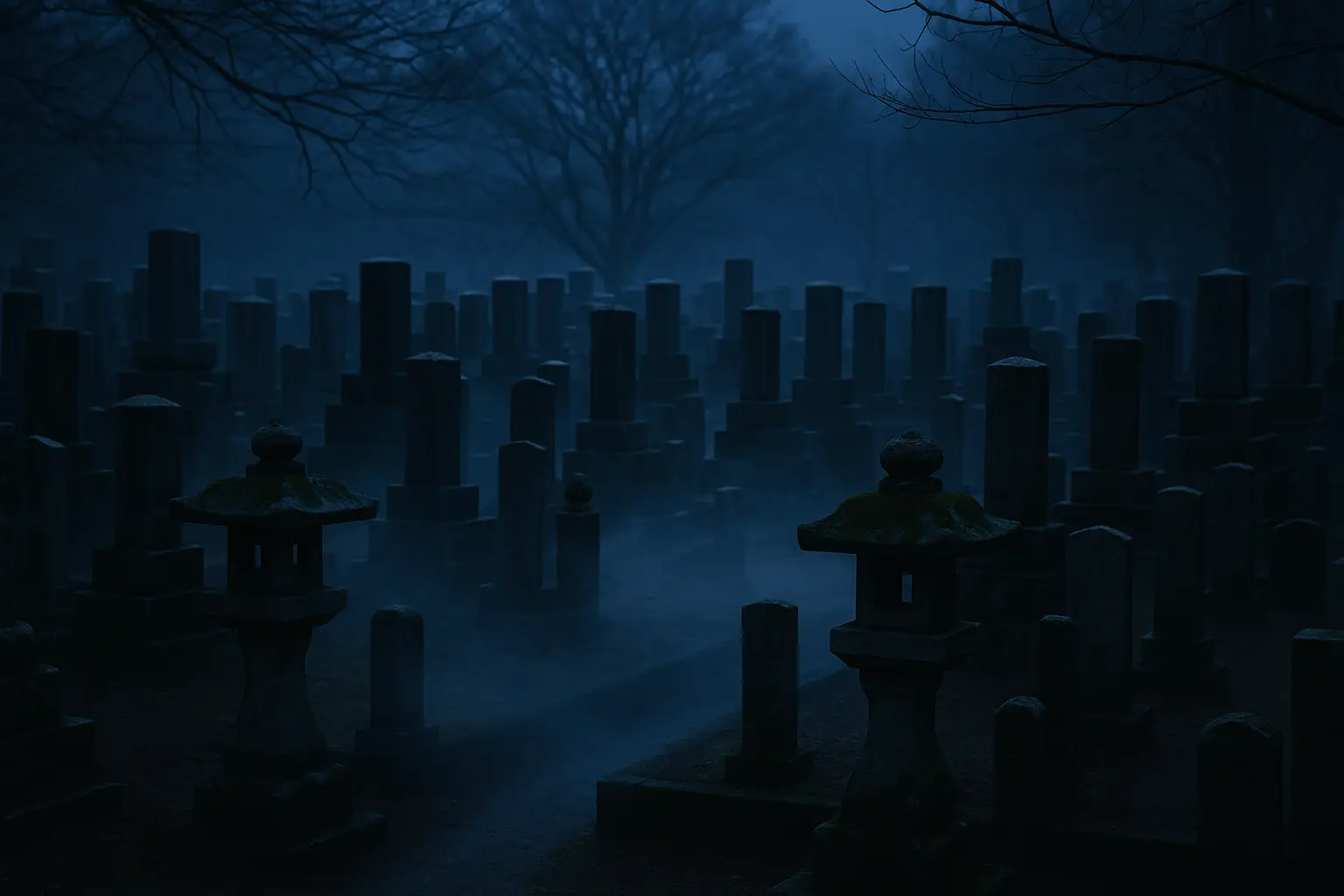 Cementerio japonés con faroles de piedra entre la niebla al anochecer, atmósfera inquietante